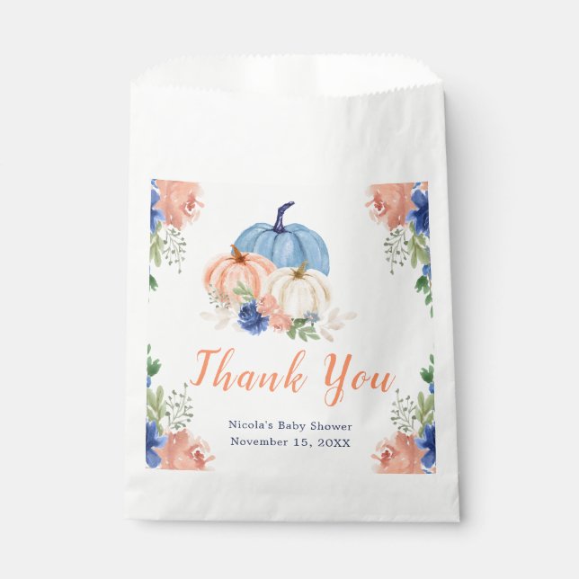 Navy Blue and Blush Floral Pumpkins Baby Shower Favour Bags (Front)