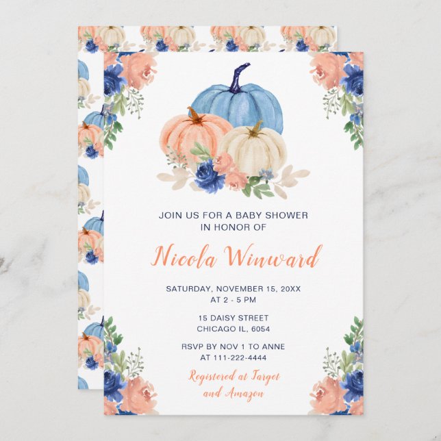 Navy Blue and Blush Floral Pumpkins Baby Shower Invitation (Front/Back)