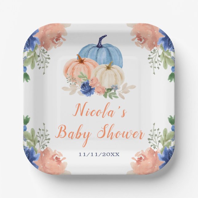 Navy Blue and Blush Floral Pumpkins Baby Shower Paper Plate (Front)