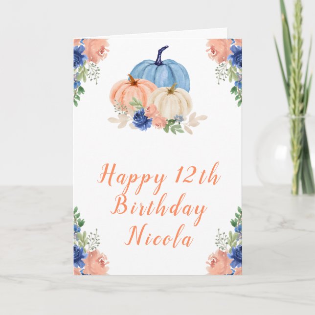 Navy Blue and Blush Floral Pumpkins Birthday Card (Front)