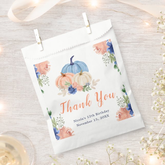 Navy Blue and Blush Floral Pumpkins Birthday Favour Bags (Clipped)
