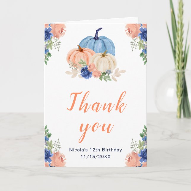 Navy Blue and Blush Floral Pumpkins Birthday Thank You Card (Front)