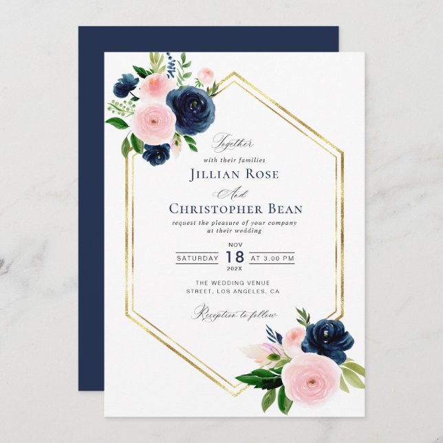 navy blue and blush floral wedding invitation (Front/Back)