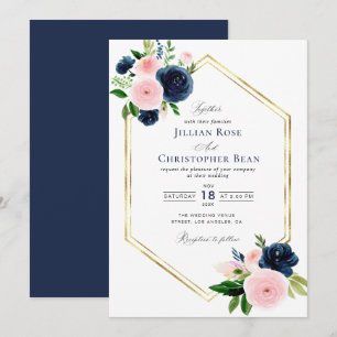 navy blue and blush floral wedding invitation