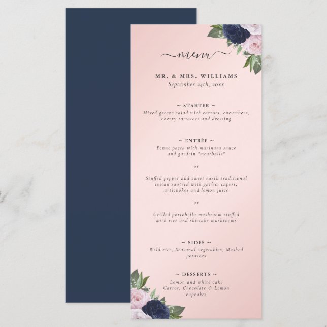 Navy Blue and Blush Floral Wedding Menu (Front/Back)