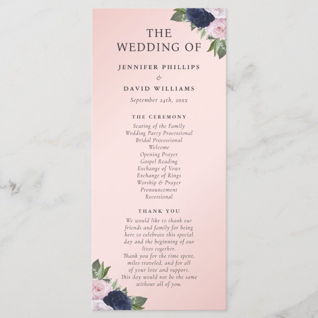 Navy Blue and Blush Floral Wedding Program Programme (Front)