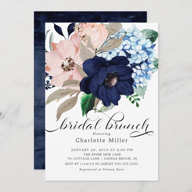 Navy Blue and Blush Flowers Bridal Brunch Invitation (Front/Back)