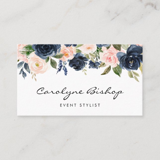 Navy Blue and Blush Flowers Garland Script Business Card (Front)