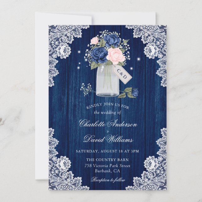 Navy Blue and Blush Lace Mason Jar Floral Wedding Invitation (Front)