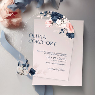 Navy Blue and Blush Pink Bouquet Wedding Acrylic Invitations