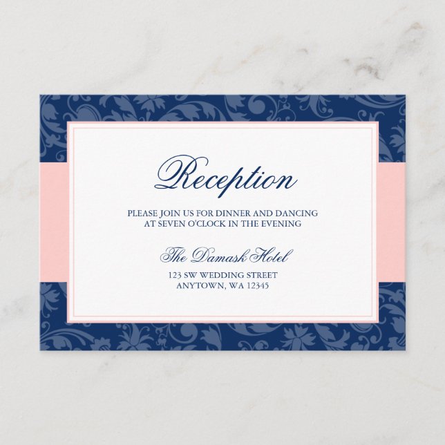 Navy Blue and Blush Pink Damask Swirl Reception Enclosure Card (Front)
