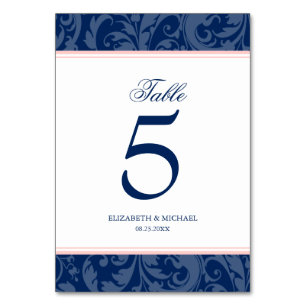Navy Blue and Blush Pink Damask Swirl Wedding Table Number