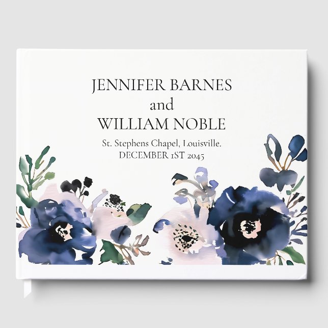 Navy Blue and Blush Pink Elegant Floral Wedding Guest Book (Front)