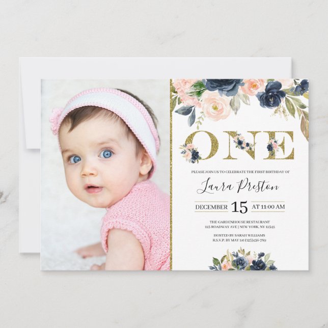 Navy Blue and Blush Pink Floral 1st Birthday Photo Invitation (Front)