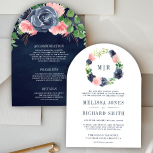 Navy Blue and Blush Pink Floral All in One Wedding Invitation