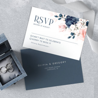 Navy Blue and Blush Pink Floral Bouquet Wedding RS RSVP Card