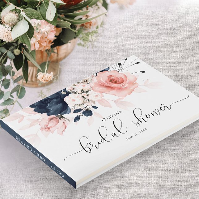 Navy Blue and Blush Pink floral Bridal Shower Guest Book (Creator Uploaded)
