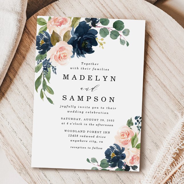 Navy Blue and Blush Pink Floral Country Wedding Invitation (Creator Uploaded)