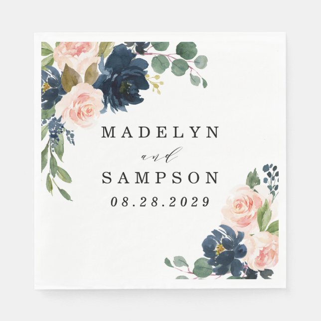 Navy Blue and Blush Pink Floral Country Wedding Napkin (Front)