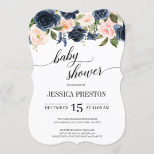 Navy Blue and Blush Pink Floral Script Baby Shower Invitation