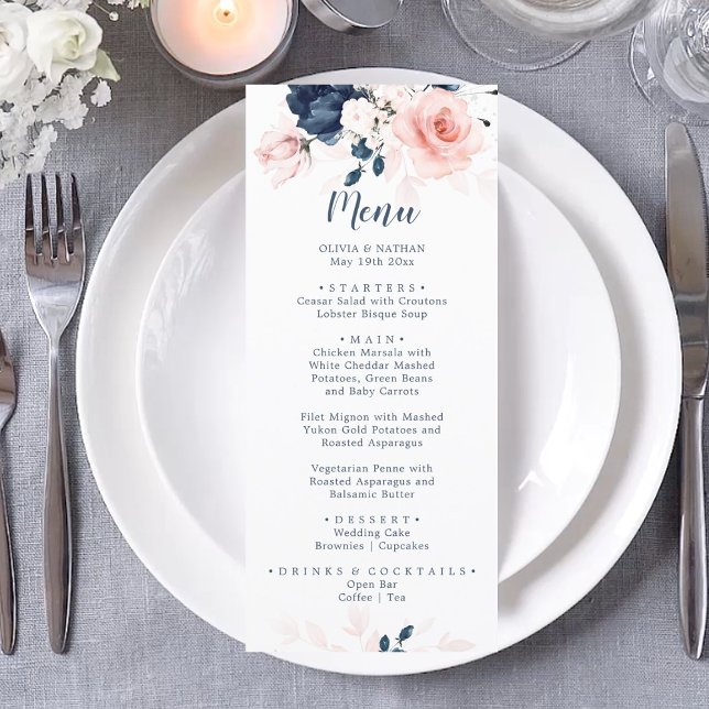 Navy Blue and Blush Pink Floral Wedding Dinner Menu (Creator Uploaded)