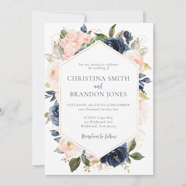 Navy Blue and Blush Pink Floral Wedding Invitation (Front)