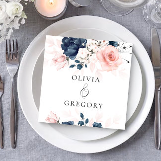 Navy Blue and Blush Pink Floral Wedding  Napkin