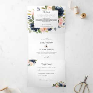 Navy Blue and Blush Pink Floral Wedding Photo Tri-Fold Invitation
