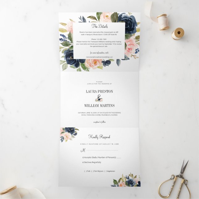 Navy Blue and Blush Pink Floral Wedding Photo Tri-Fold Invitation (Inside)