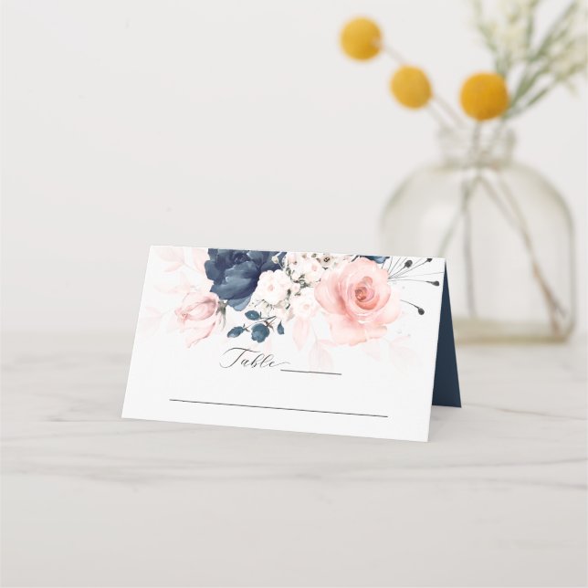 Navy Blue and Blush Pink Floral Wedding Place Card (Front)