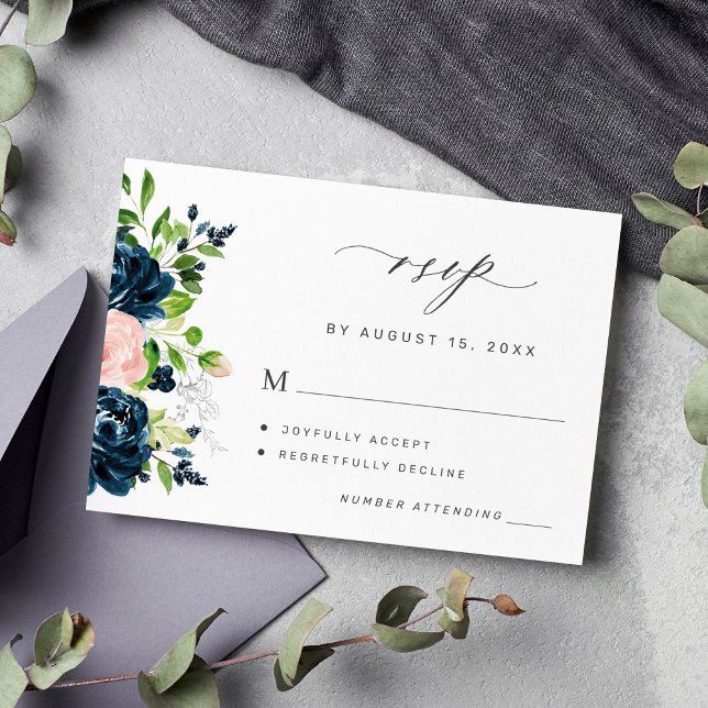 Navy blue and blush pink floral wedding RSVP card (Creator Uploaded)