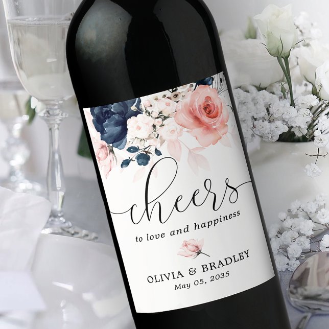 Navy blue and blush pink floral wedding wine label (Creator Uploaded)