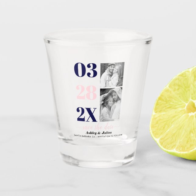 Navy blue and blush pink two photo Save the Date Shot Glass (Front)