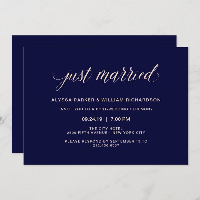 Navy Blue and Blush Pink Typography | Just Married Invitation (Front/Back)
