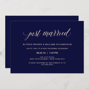 Navy Blue and Blush Pink Typography Just Married Invitation