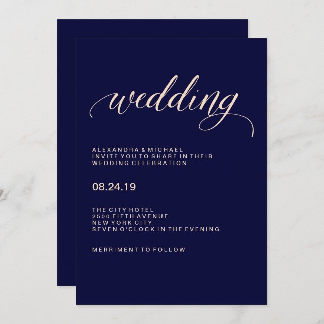 Navy Blue and Blush Pink Typography Wedding Invitation (Front/Back)