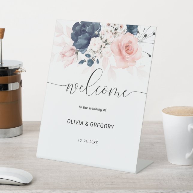 Navy Blue and Blush Pink Wedding Welcome Sign (In SItu)