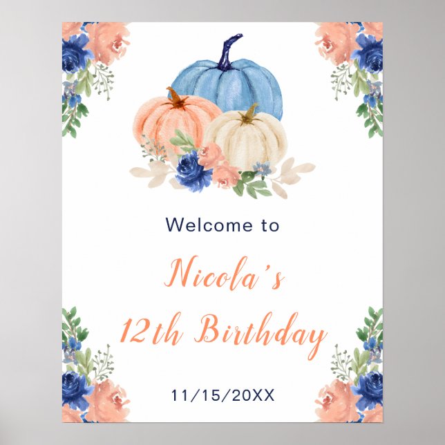 Navy Blue and Blush Pumpkins Birthday Welcome Poster (Front)