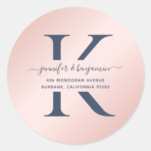 Navy Blue and Blush Script Monogram Return Address Classic Round Sticker