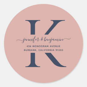 Navy Blue and Blush Script Monogram Return Address Classic Round Sticker
