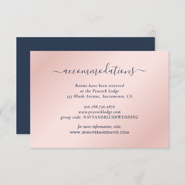 Navy Blue and Blush Wedding Hotel Accommodation Enclosure Card (Front/Back)