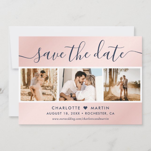 Navy Blue and Blush Wedding Photo Collage Save The Date (Front)