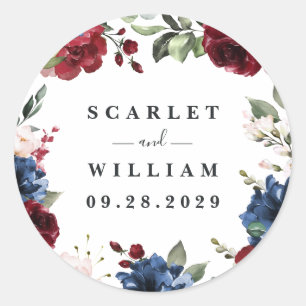Navy Blue and Burgundy Blush Pink Floral Wedding Classic Round Sticker