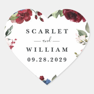 Navy Blue and Burgundy Blush Pink Floral Wedding Heart Sticker