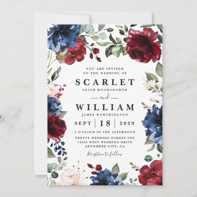 Navy Blue and Burgundy Blush Pink Floral Wedding Invitation (Front)
