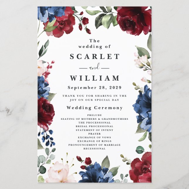 Navy Blue and Burgundy Blush Pink Wedding Programs (Front)