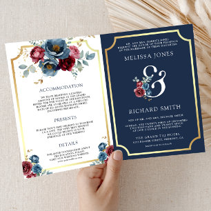 Navy Blue and Burgundy Floral Ampersand Wedding Invitation