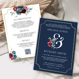 Navy Blue and Burgundy Floral Ampersand Wedding Invitation