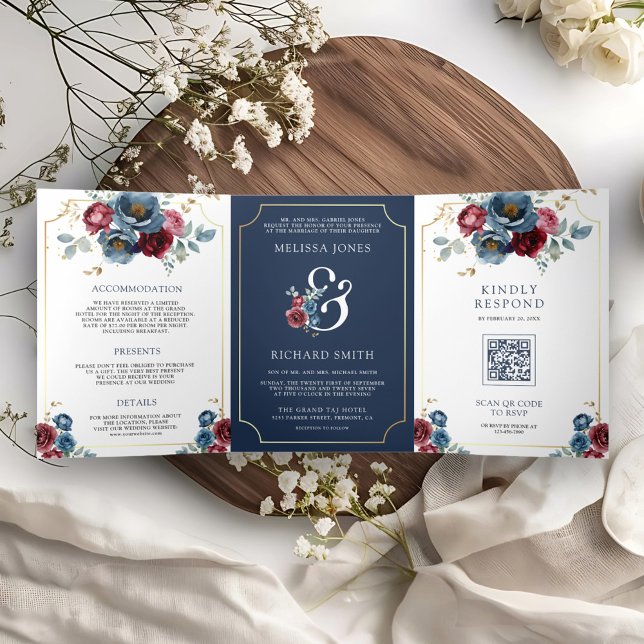 Navy Blue and Burgundy Floral Ampersand Wedding Tri-Fold Invitation (Creator Uploaded)