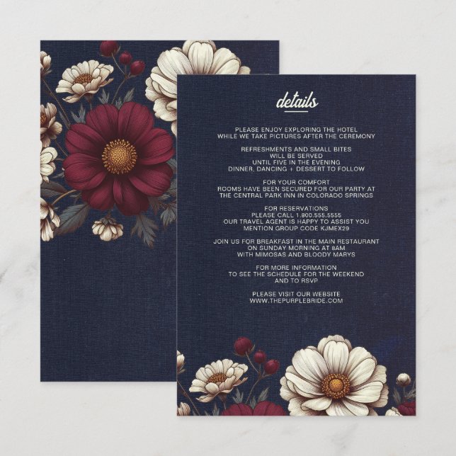 Navy Blue and Burgundy Floral Wedding Enclosure Card (Front/Back)